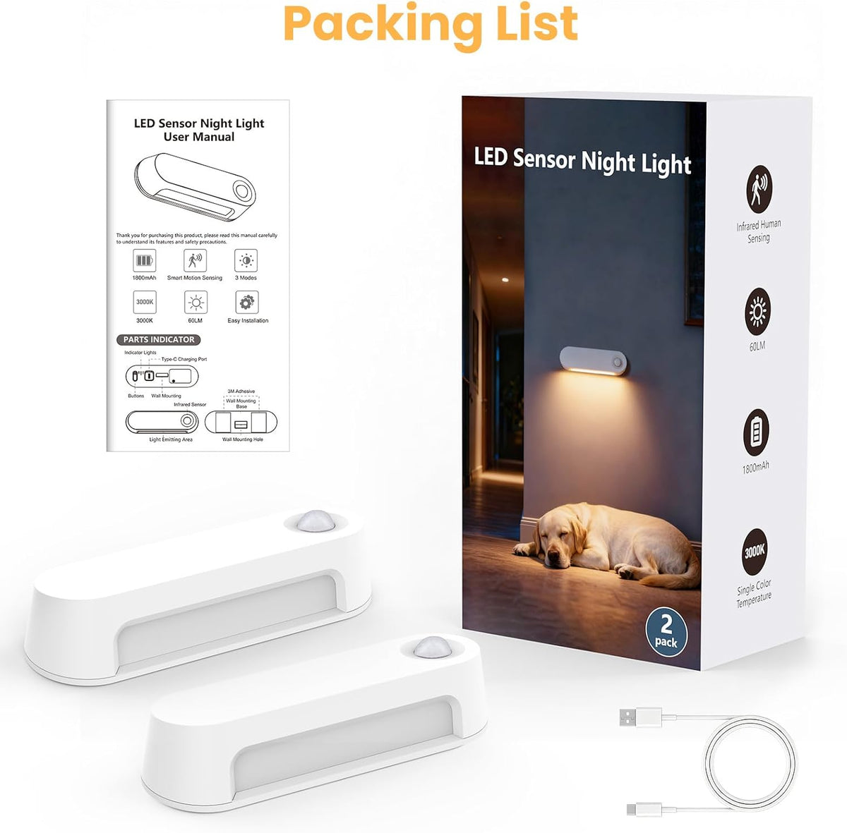Motion Sensor Night Light, 1800Mah Battery Operated Lights, 80LM